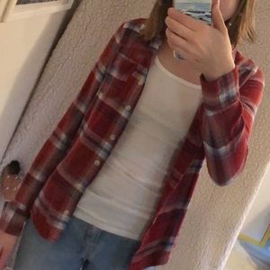 Red White and Light Blue Button Up Plaid